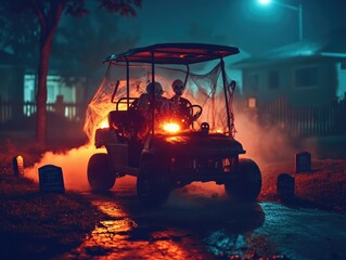 Graveyard-decorated golf cart, with skeletons, fog machine, and glowing lights, set in a suburban neighborhood at night, perfect for Halloween.
