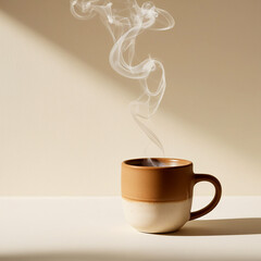 Coffee mug with smoke blowing with coffee cream color on white background
