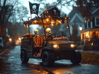 Golf cart transformed into a pirate ship for Halloween, with faux wooden planks, pirate flag, skeleton pirates, and treasure chest of candy, on a spooky suburban street at night.

