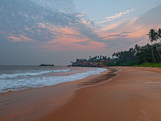 a tropical beach glows under a mesmerizing sunset