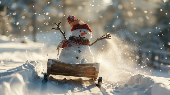 Playful funny snowman speeding downhill on a sled, scattering snowflakes in an energetic winter scene. Image made using Generative AI