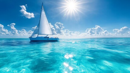 Fototapeta premium Luxury yacht gliding over tranquil turquoise waters under a radiant sun in a serene coastal paradise