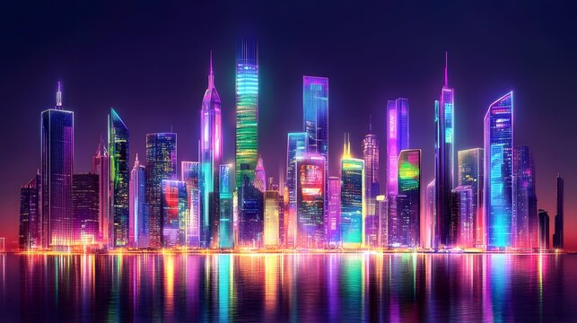 Cityscape of towering skyscrapers with holographic advertisements and eco-friendly structures illuminated by neon