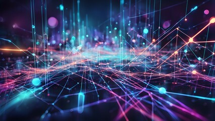 Obraz premium A vibrant digital landscape with glowing lines and particles, symbolizing data flow and connectivity.