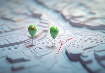 3D cartoon, two map pins connected by a line on a city street map