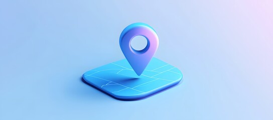 3D icon of a map with a blue location pin on a light background, in a minimalistic style with blue colors and a simple design
