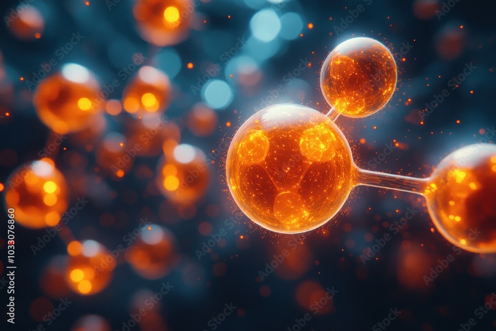 Poster abstract representation of molecules with glowing effects in a scientific context.