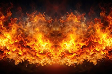 Obraz premium Symmetrical abstract blazing inferno at night with bright flame and dark smoke