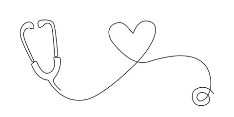 Fototapeta premium one continuous line drawing of a stethoscope forming a heart.one line drawing of a medical stethoscope in the shape of a heart.single line vector illustration.isolated white background