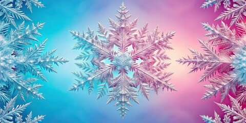 Symmetrical abstract background with ice crystal on light blue and pink background
