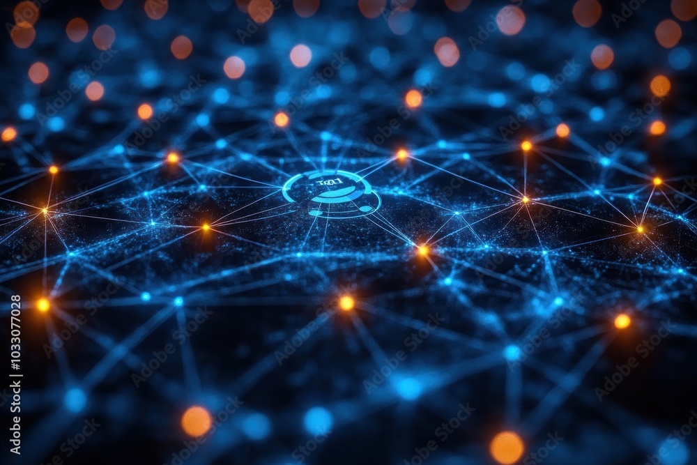 Aufkleber a digital network visualization with interconnected nodes and glowing points.