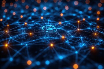 A digital network visualization with interconnected nodes and glowing points.