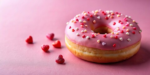 Valentine pink donut with strawberry frosting and decorative hearts on a low angle