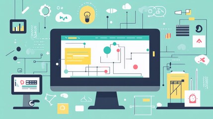 A website wireframe with UX design trends displayed on a large monitor, surrounded by creative tools and digital design elements