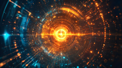 A central energy burst with concentric circles and glowing effects