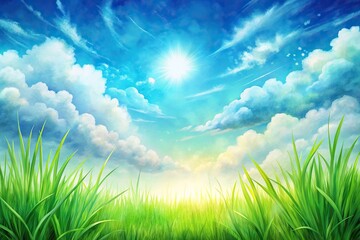 Fototapeta premium watercolor spring background, medium shot, green grass, blue sky, clouds