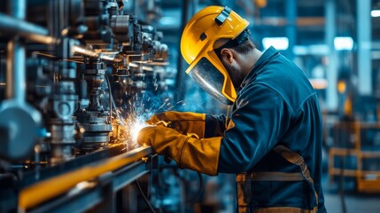 A welder wearing protective gear, working on a large metal structure in an industrial metalworking factory