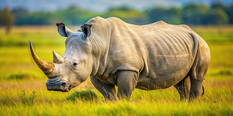 Obraz premium White rhinoceros at a tilted angle on the grass