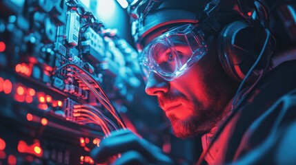 A technician examines complex circuitry with focused intensity in a high-tech environment.