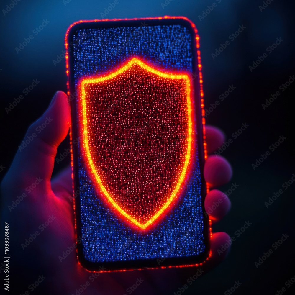 Poster phone displaying a security shield symbol in bright neon colors.