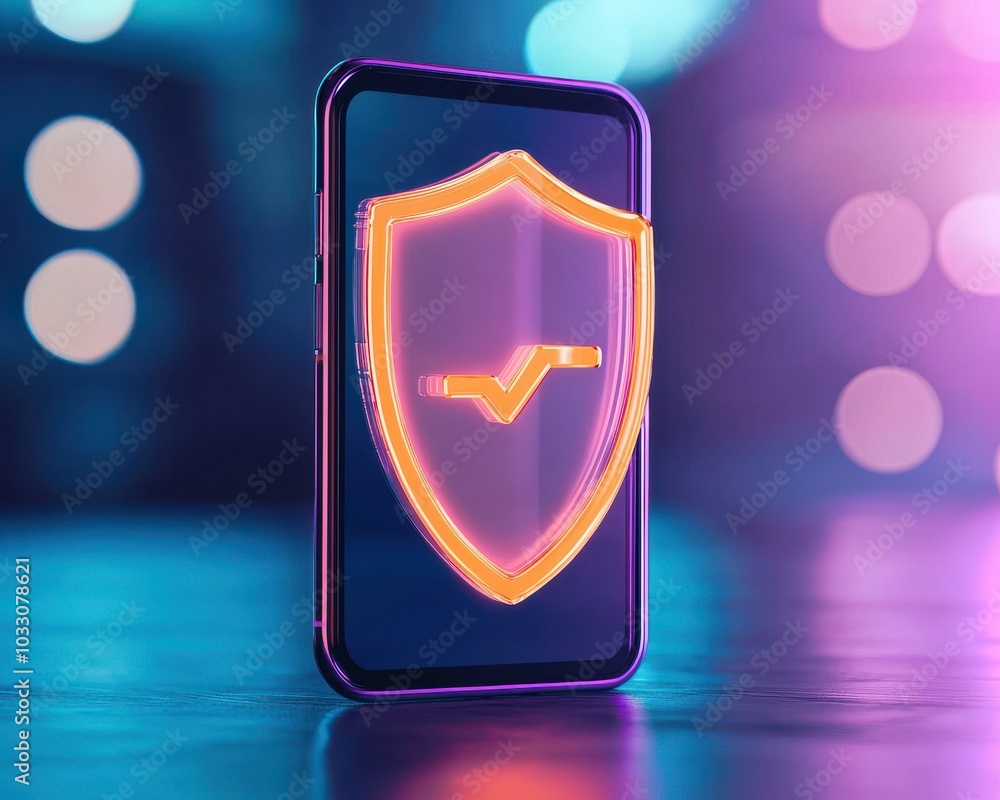 Poster smartphone with shield symbol representing digital security and protection.