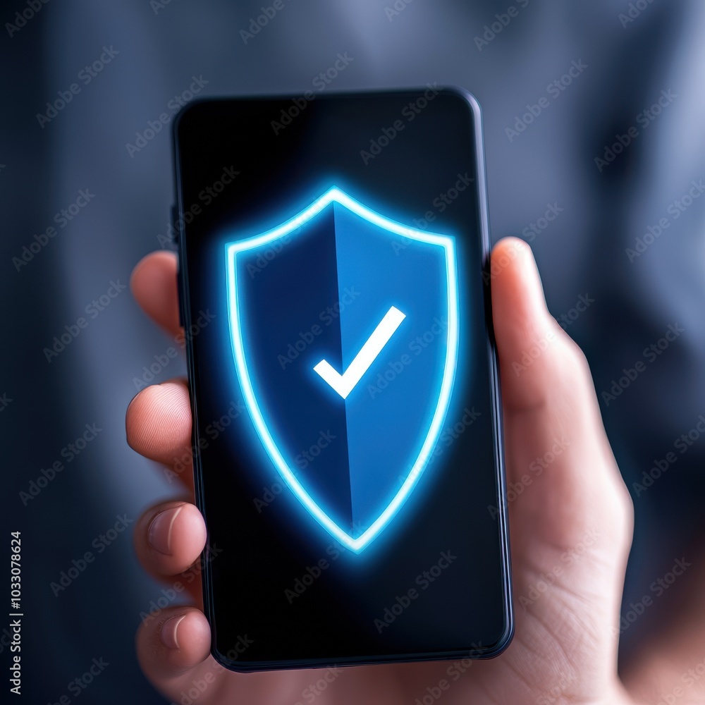 Poster smartphone displaying secure shield icon, modern digital security concept