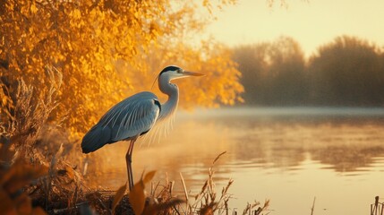 A serene heron stands by a tranquil river at sunset, surrounded by autumn foliage.