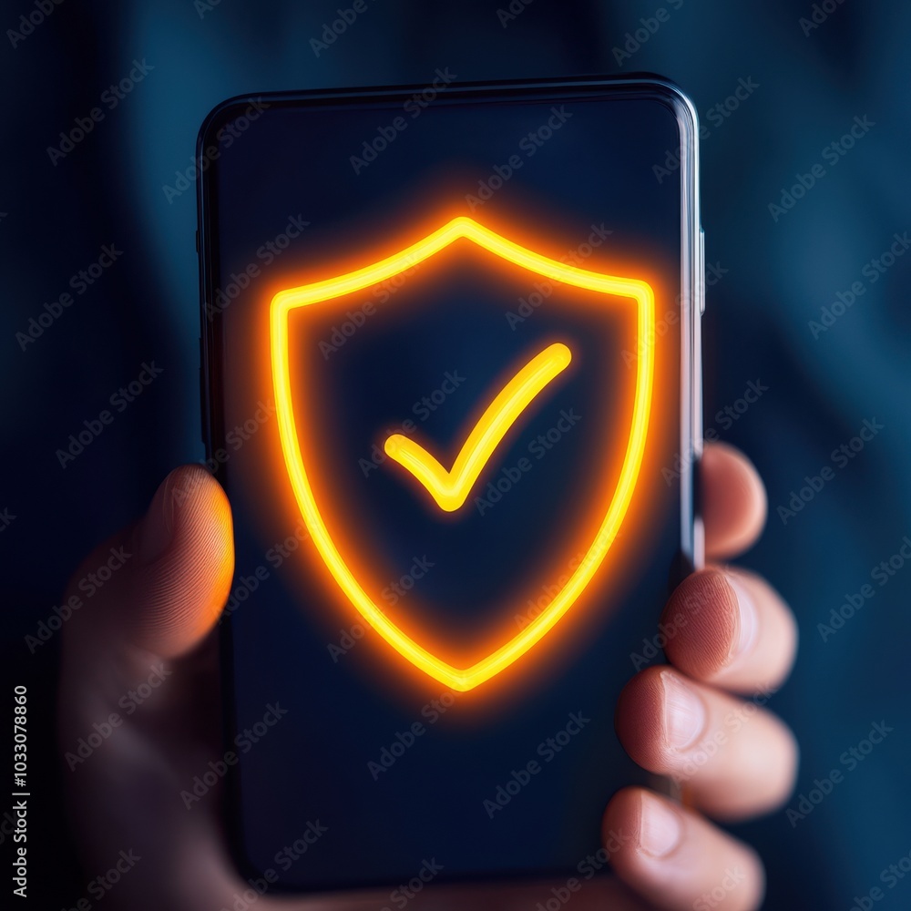 Poster smartphone displaying security shield icon with checkmark, dark background.