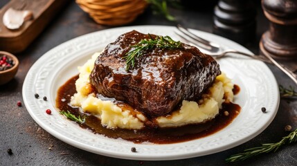 A delicious plate featuring tender beef over creamy mashed potatoes with rich gravy.