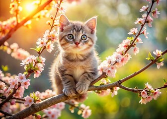 Obraz premium Curious Kitten on a Branch Surrounded by Spring Blossoms - Beautiful Animal Illustration