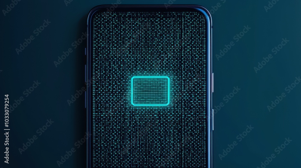 Poster smartphone with glowing interface pattern on dark background.