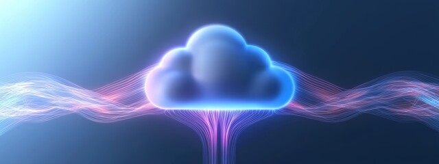 This high-fidelity illustration showcases a modern cloud computing icon with vibrant colors and light effects, symbolizing connectivity and digital innovation.