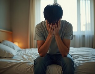 Young Asian Man Sitting on Bed in Deep Thought or Stress