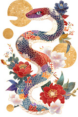 Obraz premium カラフルな花柄蛇のデザイン。アーティスティックな和風イメージ2025年の年がはがきなど。巳年、乙巳。