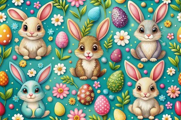 Fototapeta premium Cute Easter Seamless Pattern with Funny Cartoon Bunnies - Endless Surface Textures for Spring Celebrations