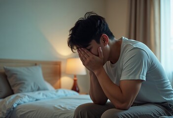 Tensed young man sitting with hand on face