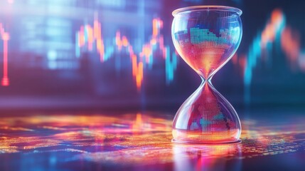 A glowing digital hourglass in front of vibrant financial graphs, representing the concept of time and decision-making in the stock market and finance.