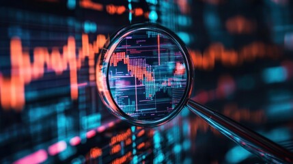 A magnifying glass focuses on digital financial data against a colorful background.