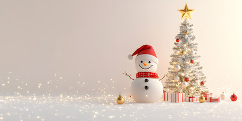 Fototapeta premium Cheerful snowman with a santa hat standing beside a sparkling christmas tree and gifts for a magical holiday atmosphere