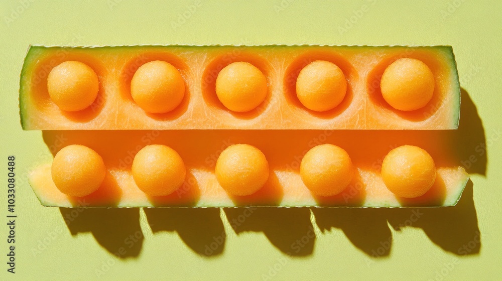 Poster a halved cantaloupe melon with scooped out melon balls arranged in rows.