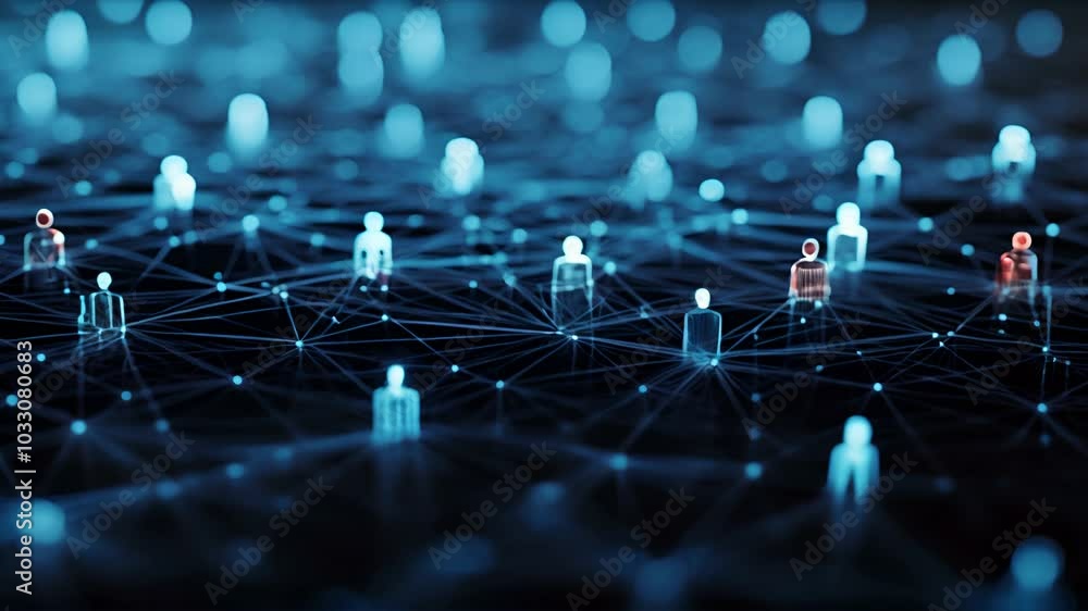 Poster people connected by digital lines forming a global network, with glowing nodes representing connecti