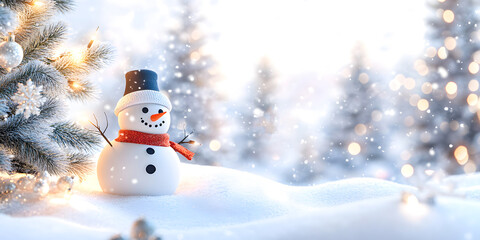 Obraz premium Delightful winter scene featuring a cheerful snowman surrounded by sparkling snowflakes and glimmering christmas trees