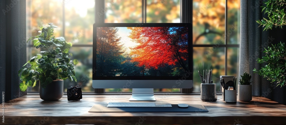 Poster a serene workspace with a computer displaying autumn scenery and indoor plants.