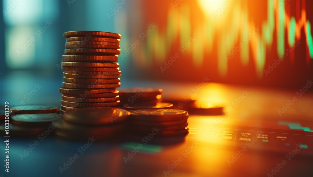 Poster a stack of coins sits on a chart with a blurry background of an upward trend line.