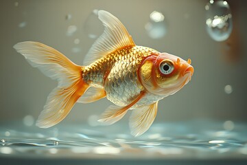 Vibrant goldfish swimming in clear water with bubbles. Close-up showing vivid colors and details, perfect for aquatic themes.