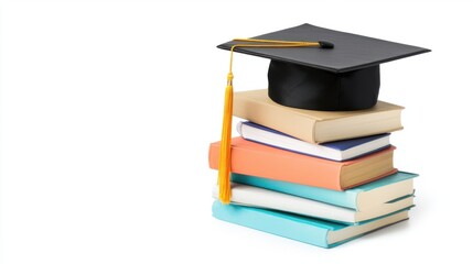 Stack of books with a graduation cap on top, symbolizing learning and leadership, isolated on white background