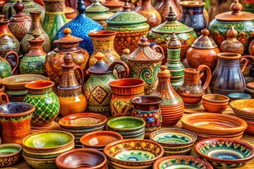 Double Exposure of Ceramic Dishes and Clay Jugs Seamless Background for Home Decor and Kitchenware