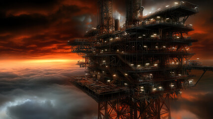 Dystopian oil rig towering above clouds, illuminated against dramatic sunset. structure showcases intricate details and sense of isolation in surreal environment