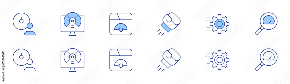 Poster speed icon set in two styles, duotone and thin line style. editable stroke. boxing, gear, magnifying