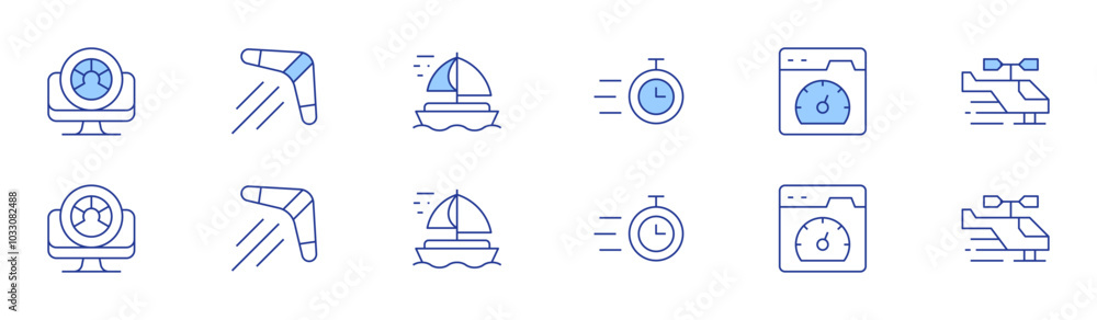 Poster speed icon set in two styles, duotone and thin line style. editable stroke. chronometer, speedometer